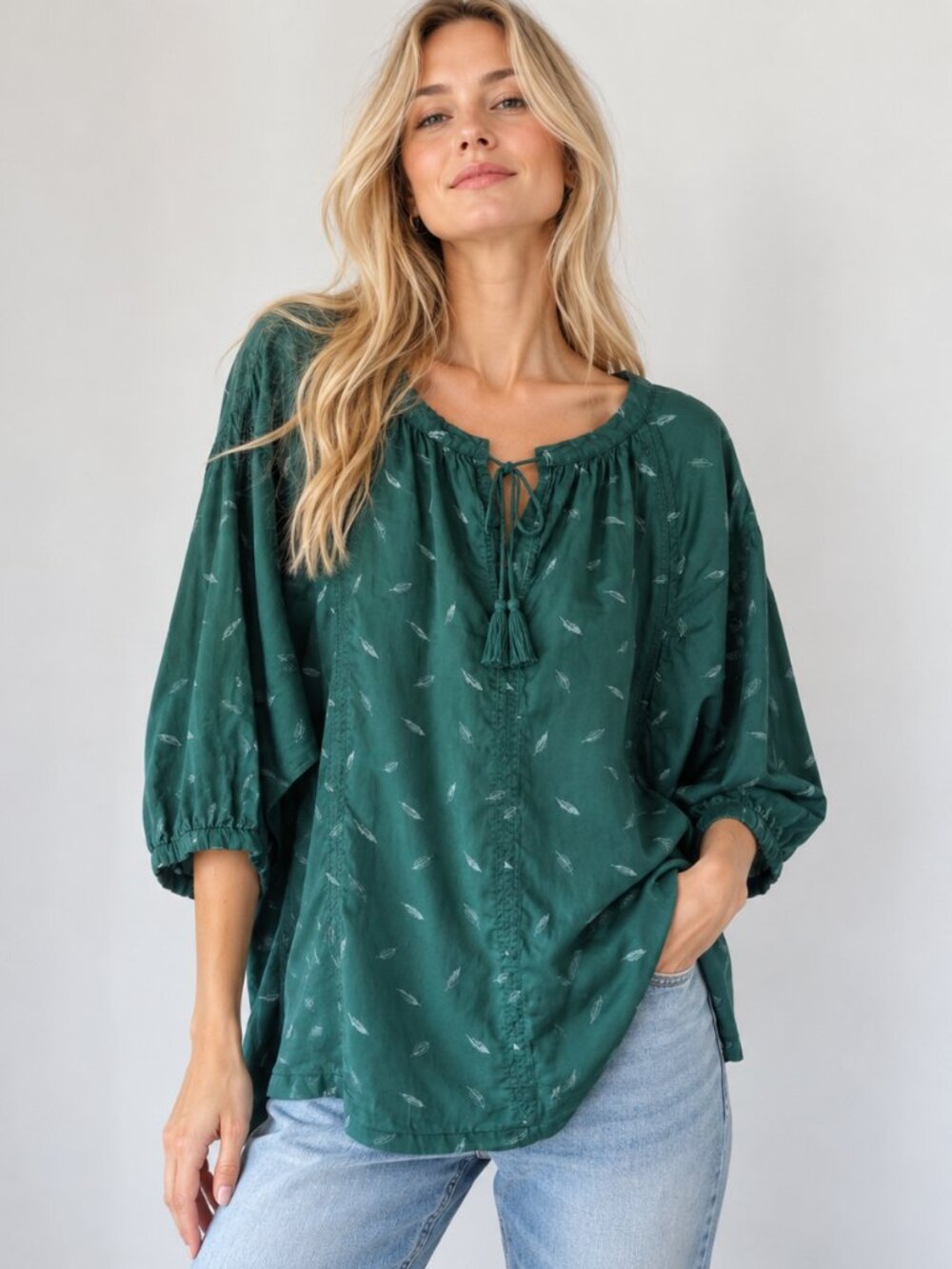 Madewell Green Feather Print Cotton Peasant Blouse Tassel Tie Lightweight M